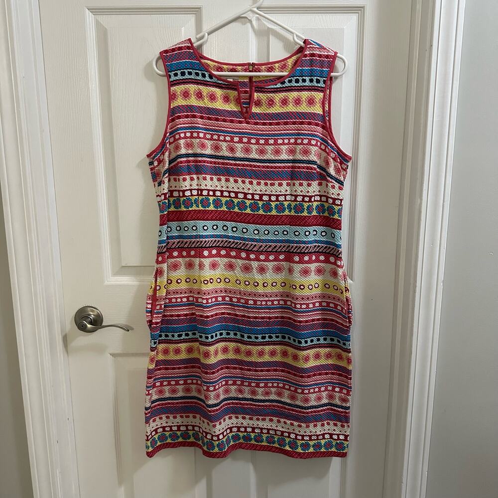 Talbots Sleeveless Retro Floral Stripe Sheath Dress Size 14 Multicolor